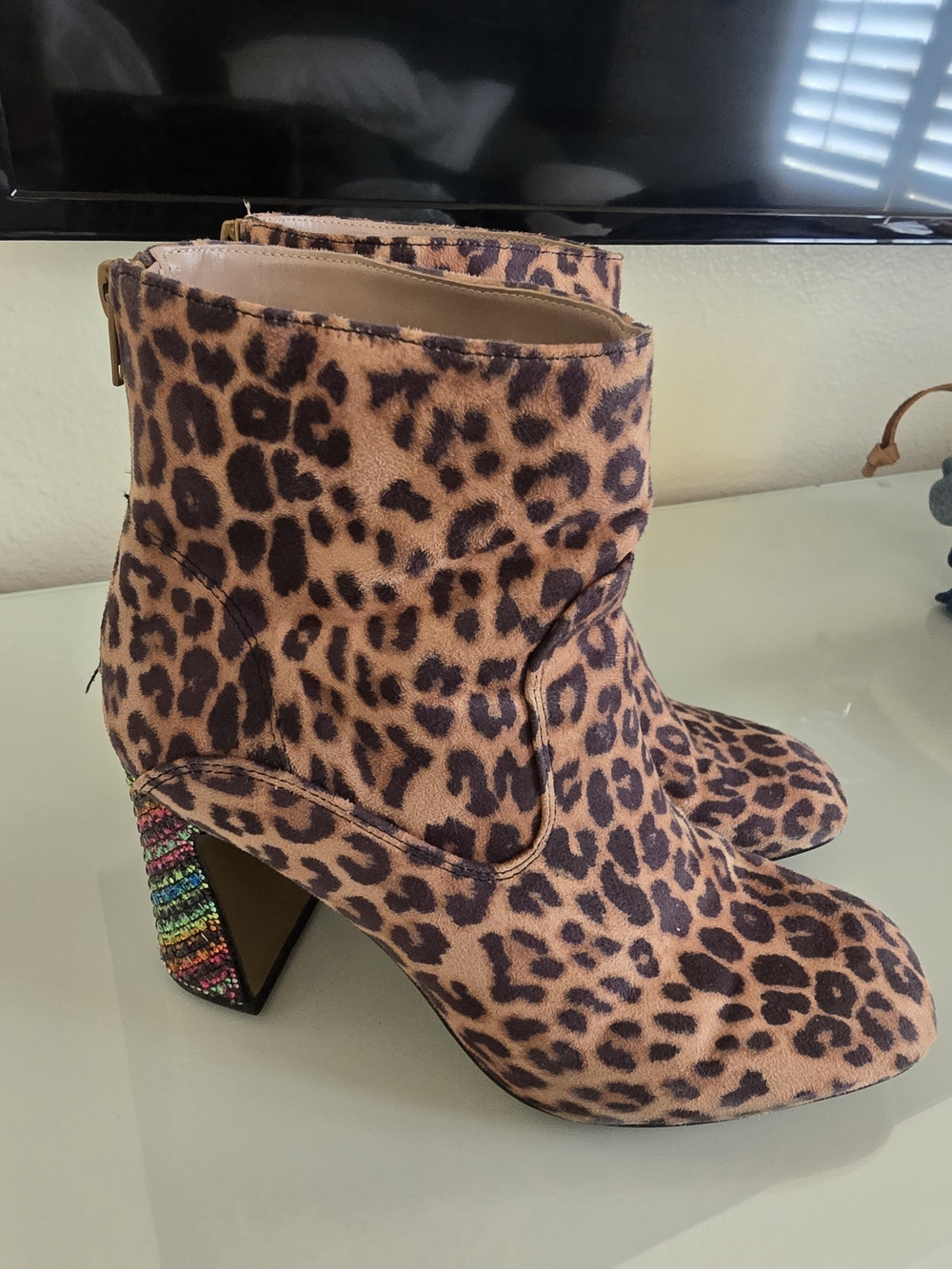 Betsey Johnson Leopard Print Ankle Booties with Multicolor Beaded Heel